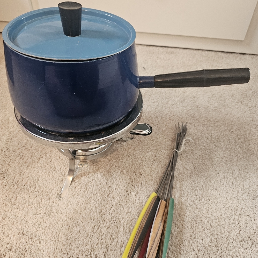 Vintage Blue Fondue Set With Fondue Forks